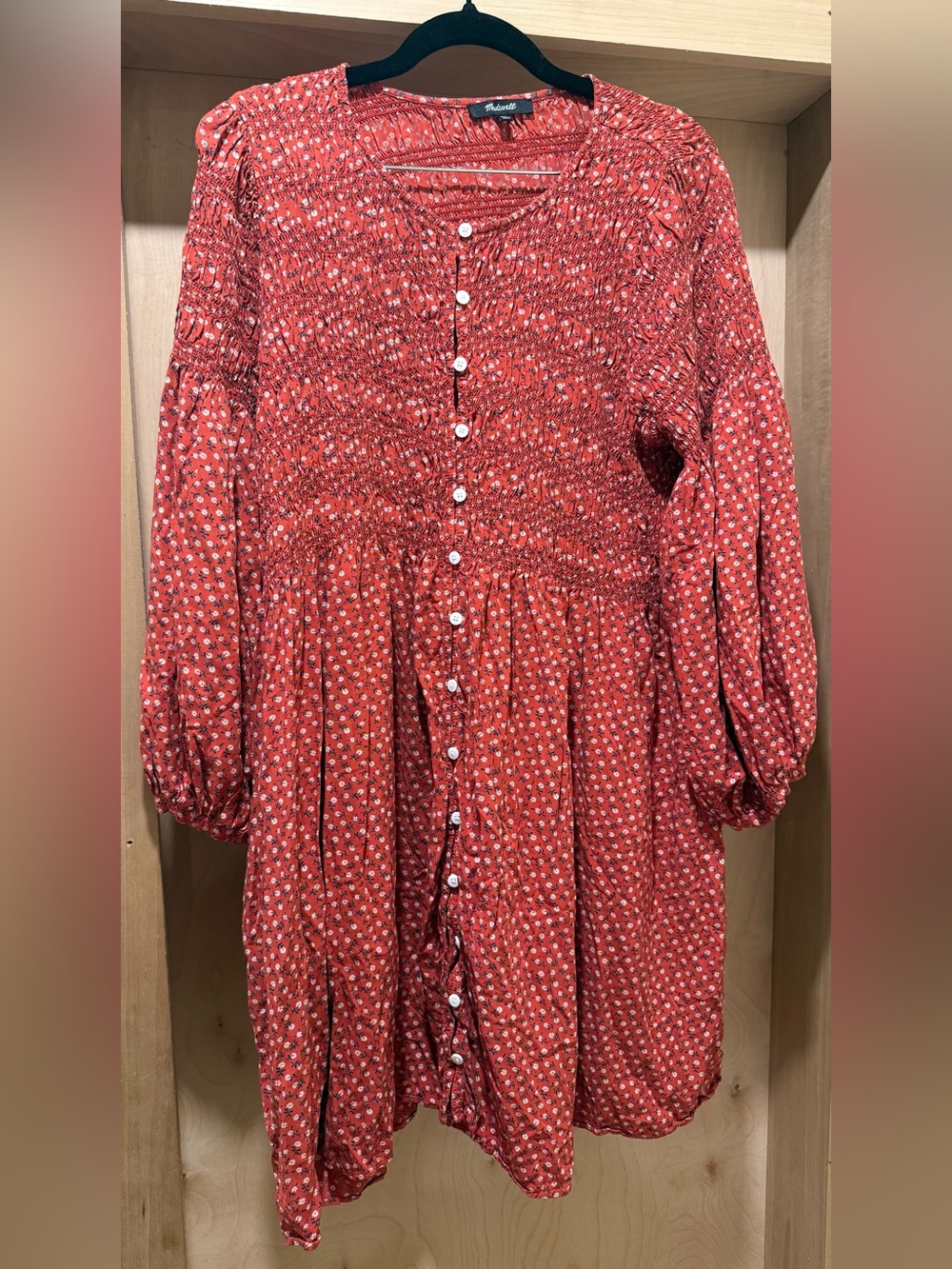 Madewell 100% Viscose Red Floral Button-Front Smocked Dress Size Large